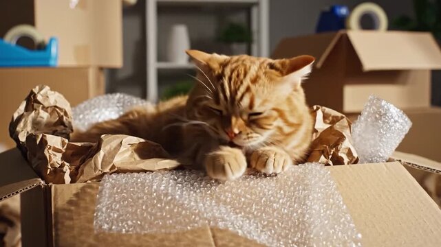 a cat is resting and stretching on cardboard boxes with bubble wrap in a relaxed indoor setting, close-up slightly elevated angle, brown and white colors, pet care, domestic life, and a rel.