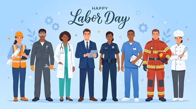 Happy labor day diverse workforce illustration featuring construction medical public safety and culinary professionals