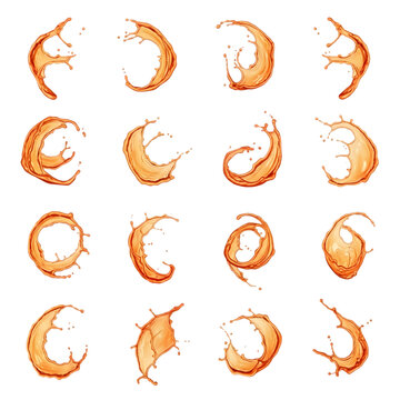 Collection of sixteen isolated orange liquid splashes and swirling juice droplets arranged in a grid pattern on a solid black background