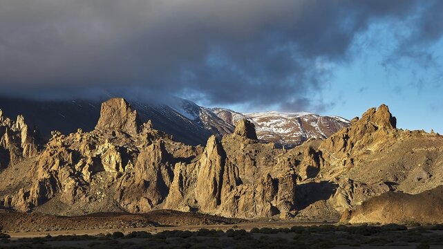 Llano de Ucanca, dramatic sky over rocky mountains with thick clouds, Teide, Parque Nacional del Teide, Teide National Park, volcano, volcanism, UNESCO World Heritage Site, Tenerife, Canary Islands, Spain