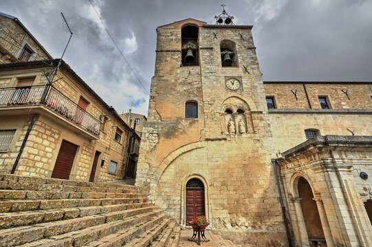 HDR shot, super wide angle shot, wide staircase, cloudy sky, church tower, Chiesa madre SS Pietro e Paolo, church, Petralia Soprana, place in national park, Madonie National Park, Sicily, Italy