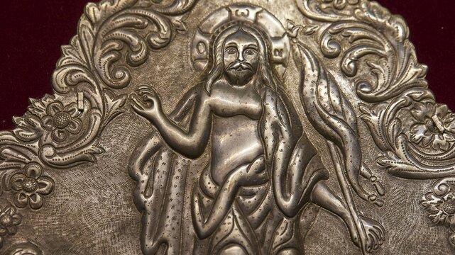 Silver engraved image of a saint with elaborate ornaments, Museum of Icon Painting, Thari Monastery, Moni Thari, near Gadouras Reservoir, lonely mountain region, Rhodes, Dodecanese, Greek Islands, Greece