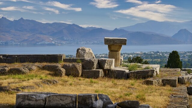Ruins overlooking a landscape of sea and mountains under a blue sky, Doric Temple, Early Christian Altar, Asklipion, Asklepieion, Healing Temple, Temple, Hippocrates, Kos, Dodecanese, Greek Islands, Greece