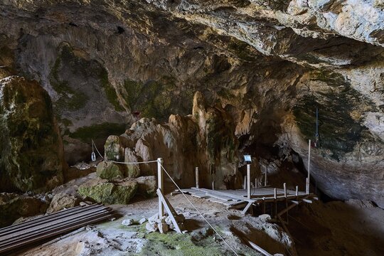 View into an earthy cave with wooden walkways and natural rock structures, Museum, Charkadio Cave, Dwarf Elephant (Palaeolodoxon tiliensis), Elephas Tiliensis, Megalo Chorio, Zero Waste Island, Tilos, Dodecanese, Greek Islands, Greece