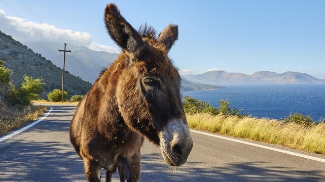 Donkey in profile with sea view and mountains in the background on a coastal road, farm animals, Mani Peninsula, Peloponnese, Greece