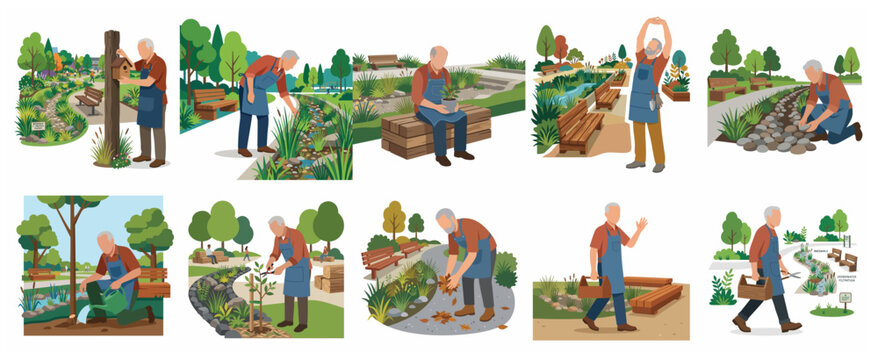 Senior man gardener maintaining public park and sustainable landscape set, flat vector illustration of elderly male worker gardening, planting, watering and cleaning city green space.
