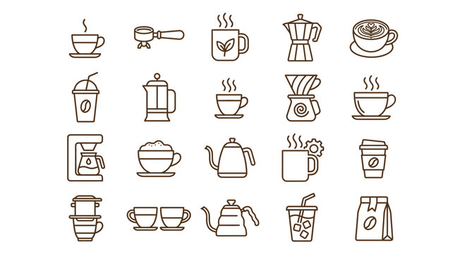 Coffee Icons Set: Hot Drinks, Brewing Equipment, and Accessories