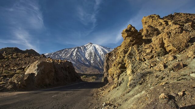 An asphalted road between rocky slopes in a mountainous area under blue sky, Teide, Parque Nacional del Teide, Teide National Park, volcano, volcanism, UNESCO World Heritage Site, Tenerife, Canary Islands, Spain