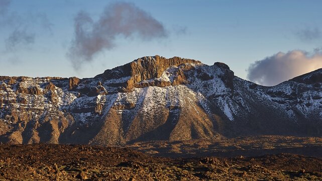 Mirador El Tabonal Negro, Caldera, snow-covered hilltop illuminated by the evening sun with dramatic clouds, Teide National Park, Teide National Park, volcano, volcanism, UNESCO World Heritage Site, Tenerife, Canary Islands, Spain