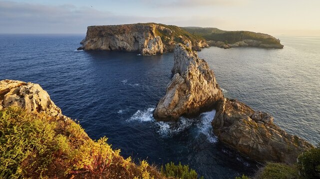 Dramatic cliff landscape surrounded by deep blue sea and waves, morning light, Tsichli Babas islet, Navarino Bay, Pylos, Peloponnese, Greece