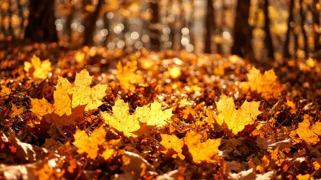 Vibrant golden autumn maple leaves covering the forest floor in beautiful afternoon sunlight. Cinematic close up shot of seasonal foliage in a peaceful woodland setting during the fall season.