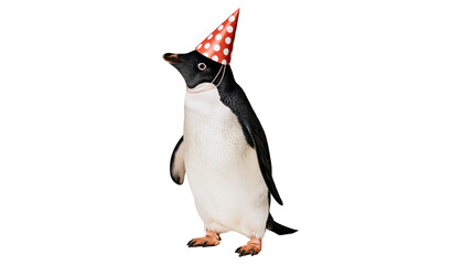 Adelie penguin wearing a red polka dot party hat, isolated on transparent background © Ozols