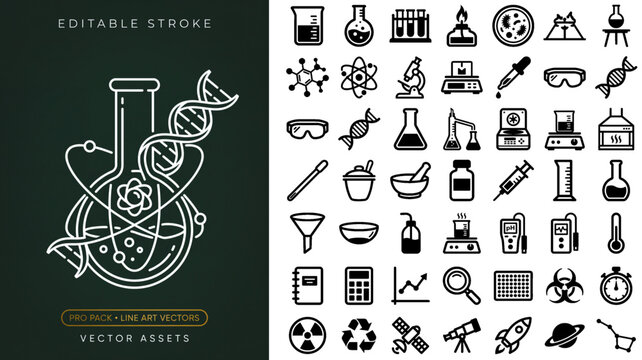 Unique Science and Laboratory line icons pack, black and white chemistry research boiling flask atom test tube molecule petri dish and bio tech vector assets