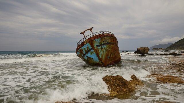 Agios Gordios, bad weather, cloudy sky, shipwreck, graffiti painting, surf, wide angle close-up, in the foreground rocky coastline and crashing sea, wreck from the front, rusty, colourfully painted, Corfu Island, Ionian Islands, Greece