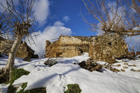 Snow-covered, abandoned ruin under a blue sky with bare trees in winter, village, Zourva, Lefka Ori, White Mountains, mountain massif, west, Crete, Greece