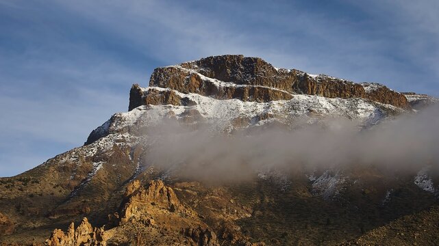 Mountains covered in snow and clouds under blue sky, Teide, Parque Nacional del Teide, Teide National Park, volcano, volcanism, UNESCO World Heritage Site, Tenerife, Canary Islands, Spain