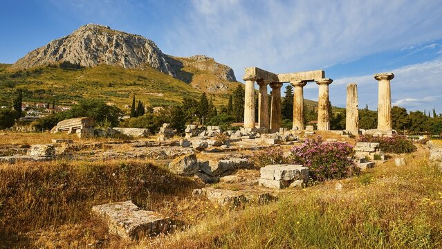 Archaic Temple of Apollo, Doric columns, Wide field of ruins with ancient columns, wild flowers and mountains in the distance, Archaeological site, Archea Korinthos, Corinth, Peloponnese, Greece