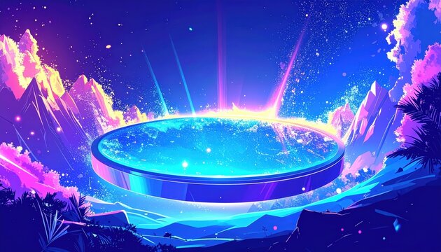 Pedana futuristica e scie luminose con arcobaleno in un cielo anime azzurro