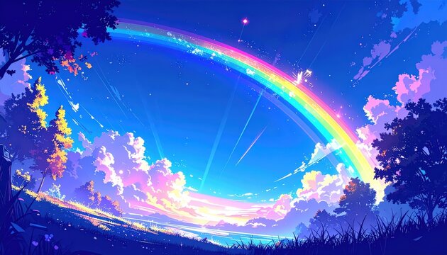 Arco di arcobaleno luminoso nel cielo azzurro con nuvole color pastello in stile anime