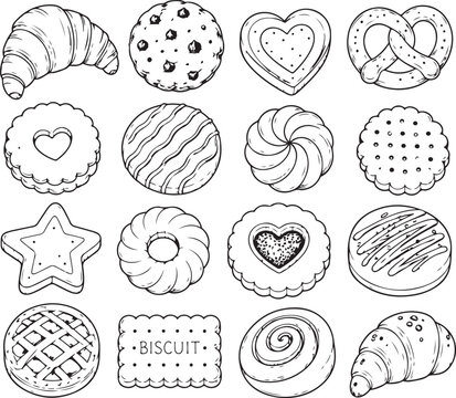 Set of hand drawn sketch cookies and pastries on white background Vector