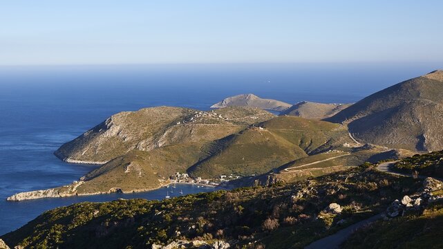 View of a picturesque coastline with mountains and the sea under a blue sky, southern tip, Mani peninsula, Peloponnese, Greece