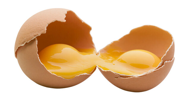 Broken brown egg with liquid yellow yolk spilling out, isolated on transparent background