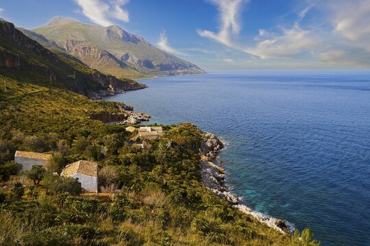 Coastline, stone houses, red tiled roofs, green mountains, sky replaced (KI), Zingaro, national park, nature reserve, north-west, Sicily, Italy