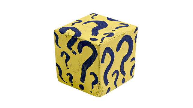 Yellow cube with blue question marks, isolated on transparent background