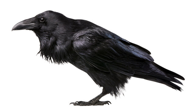 Black raven bird with dark feathers, isolated on transparent background