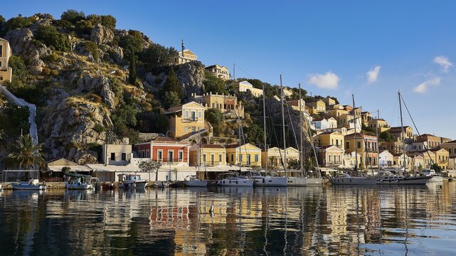 Picturesque building backdrop with boats in the water. Hilly landscape in the background, Mediterranean tranquillity, Symi town, Symi, Dodecanese, Greek Islands, Greece