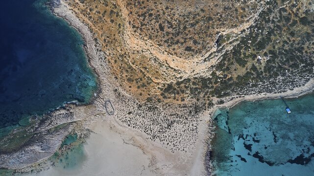 Drone shot, aerial view of a rocky and sandy coast with clear turquoise water, Gramvoussa, Gramvoussa peninsula, Pirate Bay, Balos, lagoon, north-west Crete, Crete, Greek Islands, Greece