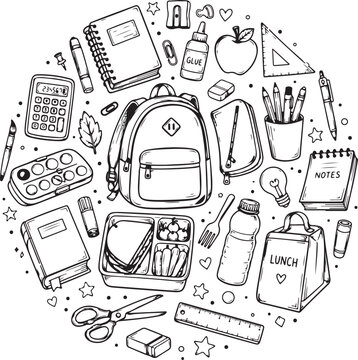 Hand drawn doodle set of school supplies and back to school items Vector