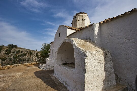 Church of St Michael the Archangel, cross-domed church, side view of a white church with clear blue sky in the background, Aradena Gorge, Aradena, Sfakia, Crete, Greece