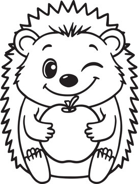 Cute cartoon hedgehog holding a fresh red apple for coloring page Vector