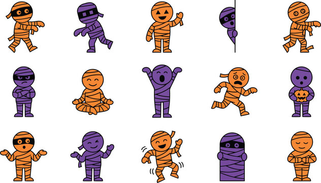 Halloween mummy emojis in orange and purple for spooky fun on october 31st