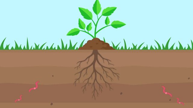 Plant root system cross section with earthworm crawl through soil