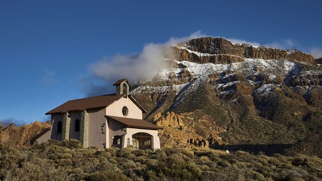 Ermita de las Nieves, small chapel against an impressive snow-covered mountain backdrop, Teide, Parque Nacional del Teide, Teide National Park, volcano, volcanism, UNESCO World Heritage Site, Tenerife, Canary Islands, Spain