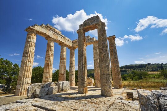 Ancient ruins and columns in a green landscape, Nemea, Ancient Zeus Church, Archaeological Site, Peloponnese, Greece