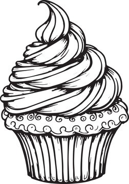 Black and white line art drawing of a delicious cupcake illustration Vector