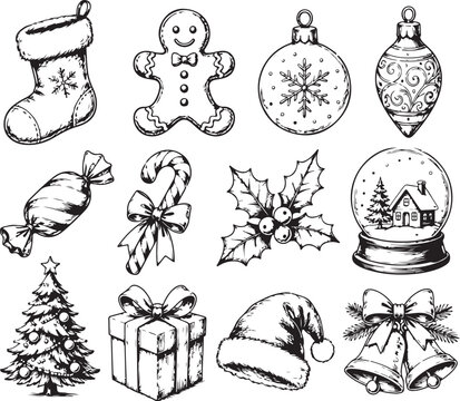 Set of hand drawn sketch icons for christmas holiday and winter season Vector