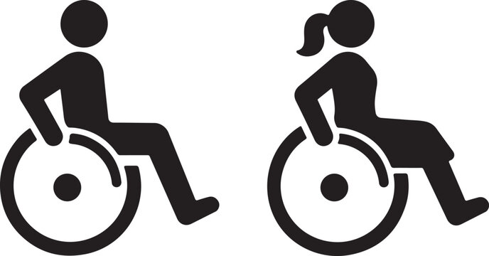 Black and white wheelchair user icons for male and female accessibility signs Vector