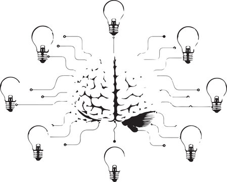 Black and white brain icon connected to multiple light bulbs for innovation Vector