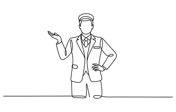 Continuous single line drawing of a friendly hotel bellboy in uniform gesturing to show something with his hand Vector, illustration