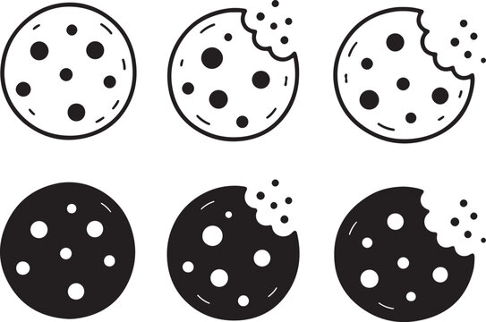 Set of chocolate chip cookies icons in line art and solid black style Vector