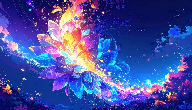 Piume di Luce Astratte e Ali di Fenice Fluorescenti in Arte Digitale Psichedelica