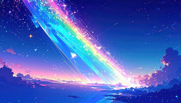 Scia di Meteore Luminose nel Cielo Stellato, Notte Magica e Paesaggio Onirico in Stile Anime
