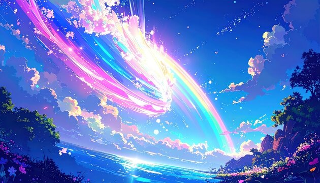Scie Arcobaleno nel Cielo, Onde di Luce Fluorescenti e Paesaggi Astratti in Stile Anime