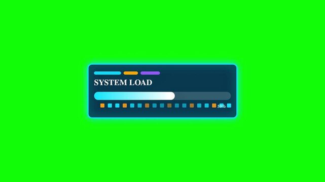 A computer screen displays a system load progress bar on a green background with various icons.