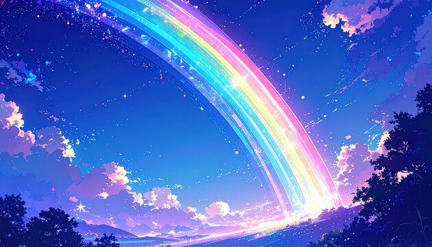 Scia di Meteore Luminose nel Cielo Stellato, Notte Magica e Paesaggio Onirico in Stile Anime