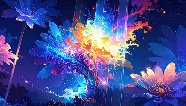Scie Arcobaleno nel Cielo, Onde di Luce Fluorescenti e Paesaggi Astratti in Stile Anime